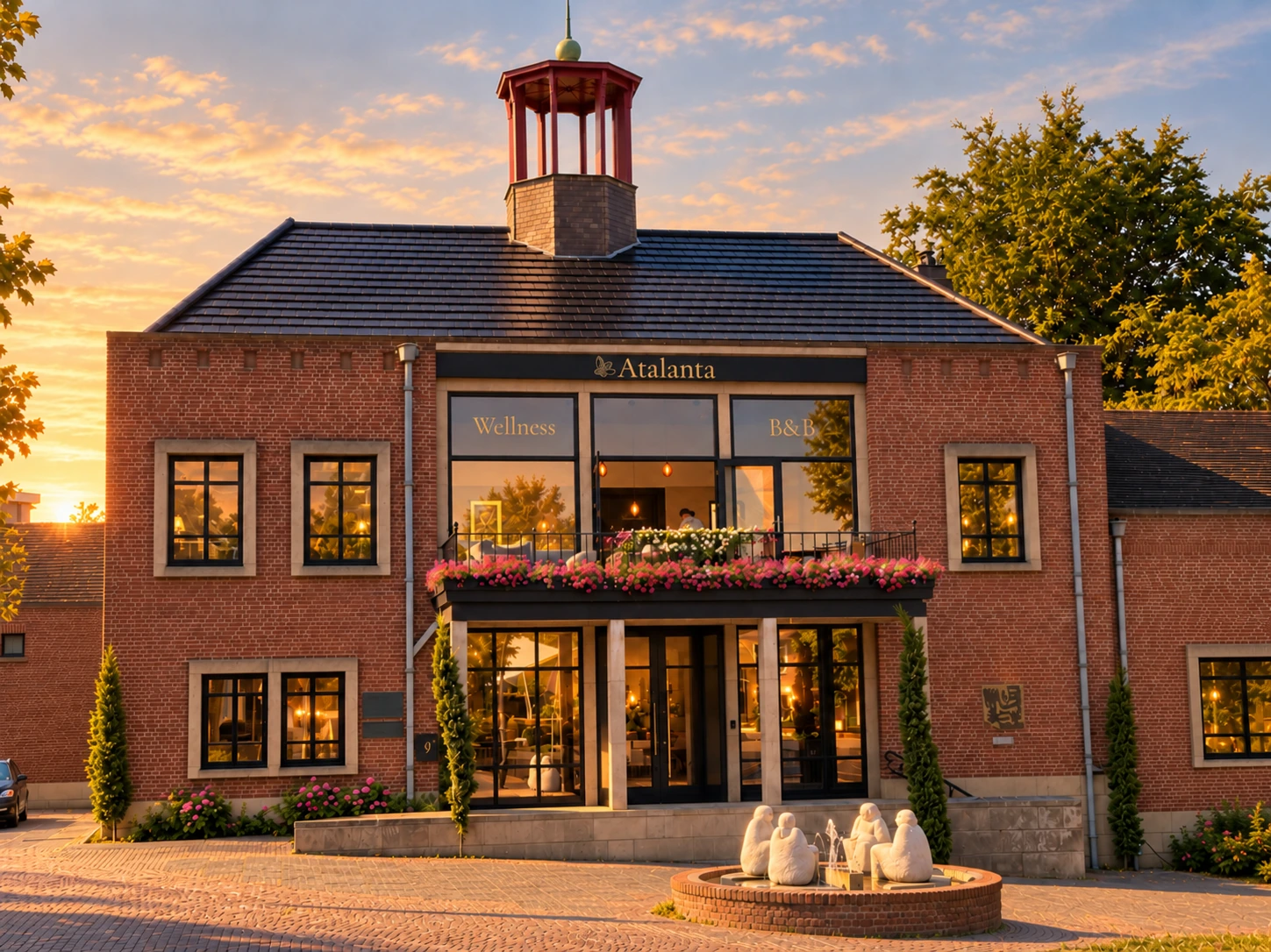 Atalanta B&B in warm avondlicht, met de entree, het balkon en het torentje