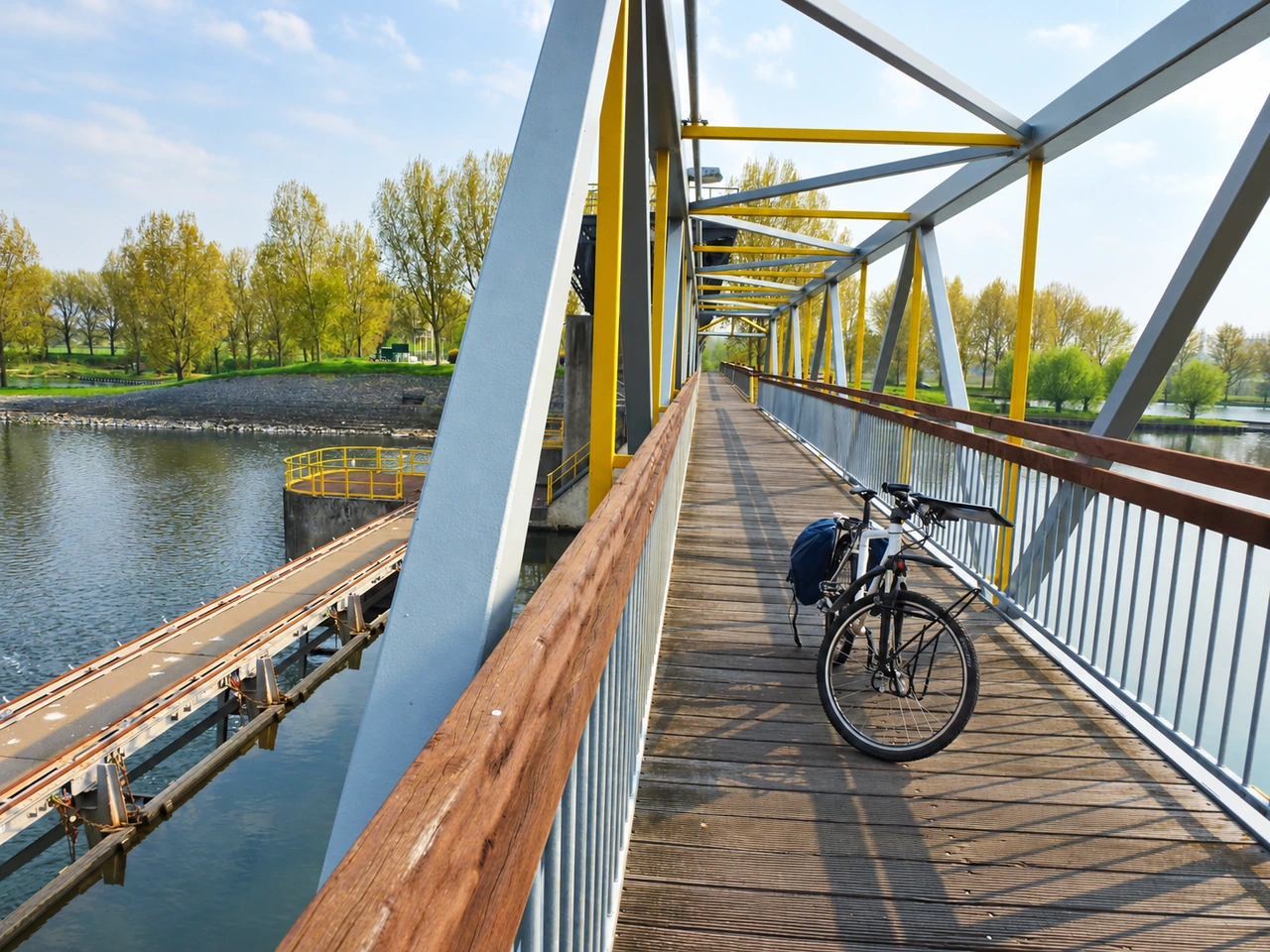 Een fiets op de fietsbrug bij de stuw van Linne, met water en groene oevers in Midden-Limburg